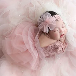 Ylsteed 2 Pieces Set Dusty Pink Newborn Lace Romper for Photo Shooting Fluffy Mesh Lace Photography Outfits with Headband