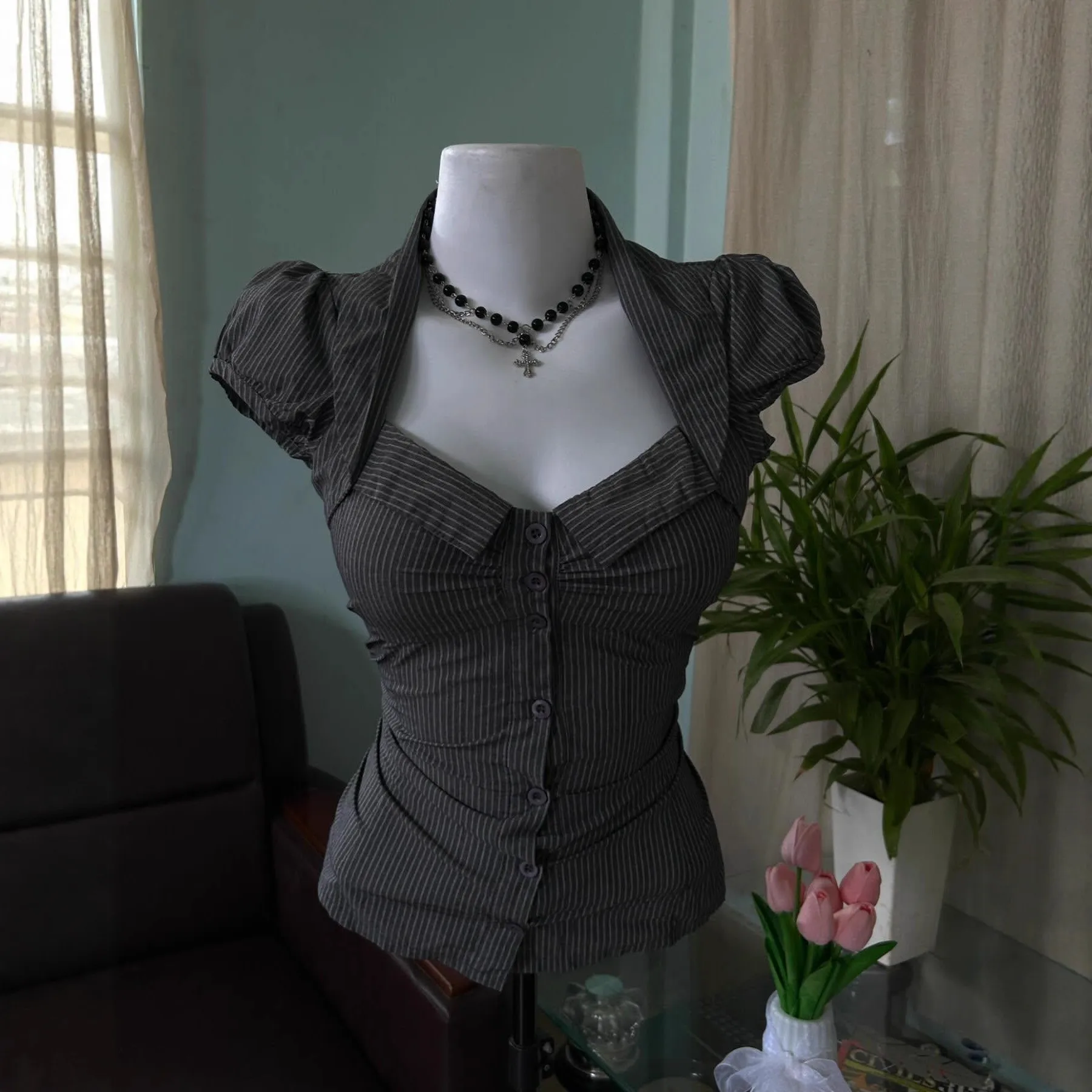 

Women's Striped Collar Button Short Sleeve Shirt Top Casual Slim Fit Blouse Summer Lightweight Breathable Office Work Wear