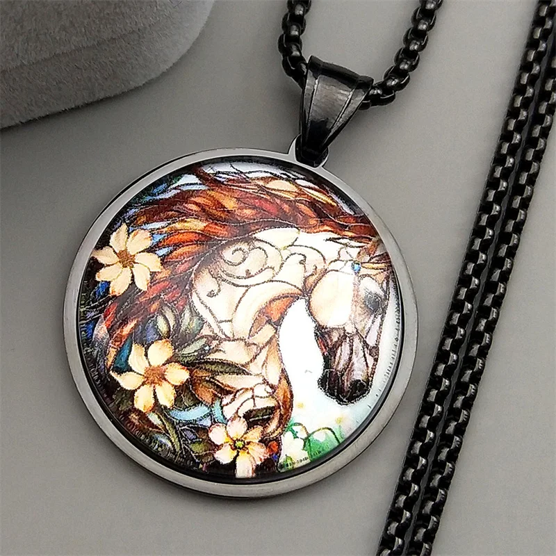 الفنية جدارية الحصان زهرة سلسلة للنساء الرجال الفولاذ المقاوم للصدأ الزجاج المهر الحيوان الشرير الذكور الفن قلادة قلادة مجوهرات هدايا #2
