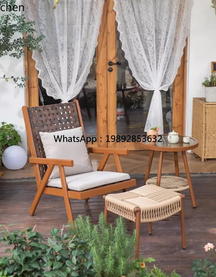 

balcony tea table chair small apartment outdoor leisure courtyard camping rattan chair one table two chairs back recliner