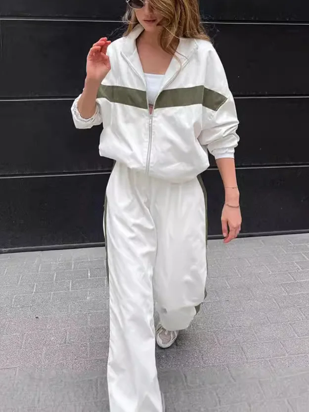 

Classic Color Contrast Women's Pants Suit Stand Collar Long Sleeve Shirts High Waist Pants 2 Piece Sets 2024 Street Fashion