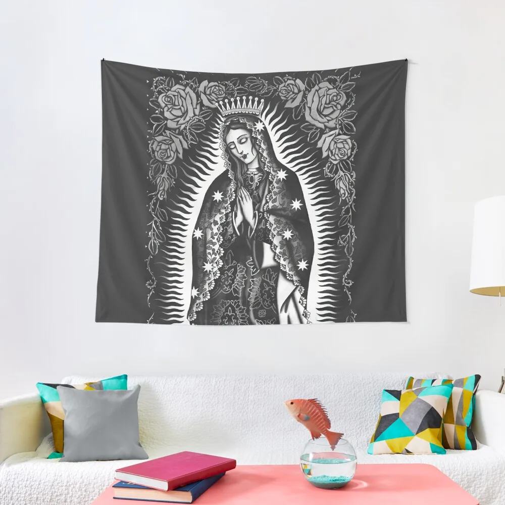 Virgen Mary Rose Wall in Black & White Tapestry Decor Home Decoration Aesthetic Decorative Wall Mural Tapestry