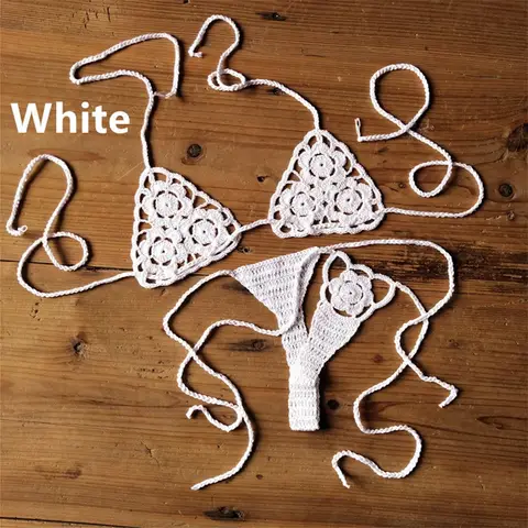 Women Sexy Handmade Bikini Sets Crochet Flower Solid Color Lace Thong String Swimwear Sunbathing Swimsuit Beach Wear Lace-up