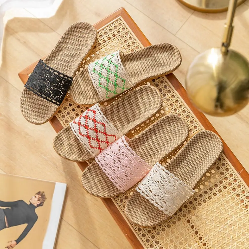 

Patchwork Stripe Flax Lace Slippers Sweet Shoes Slides Sandals Vacation Beach Non-Slip Straw Weave Slippers Girls