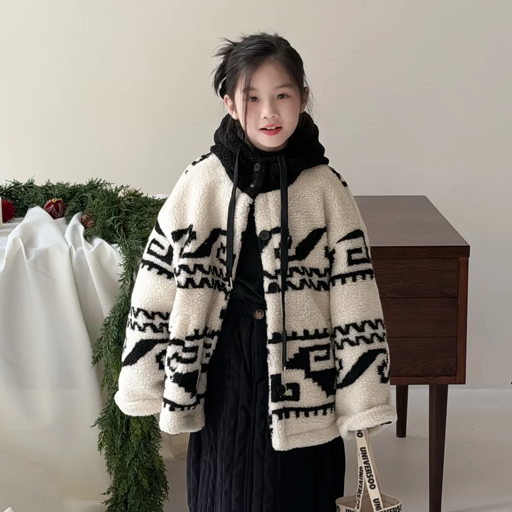 

Детское меховое пальто для девочек, зимнее корейское детское утепленное стеганое пальто из овечьего флиса для девочек, теплые куртки с капюшоном для маленьких девочек, жаккардовая парка