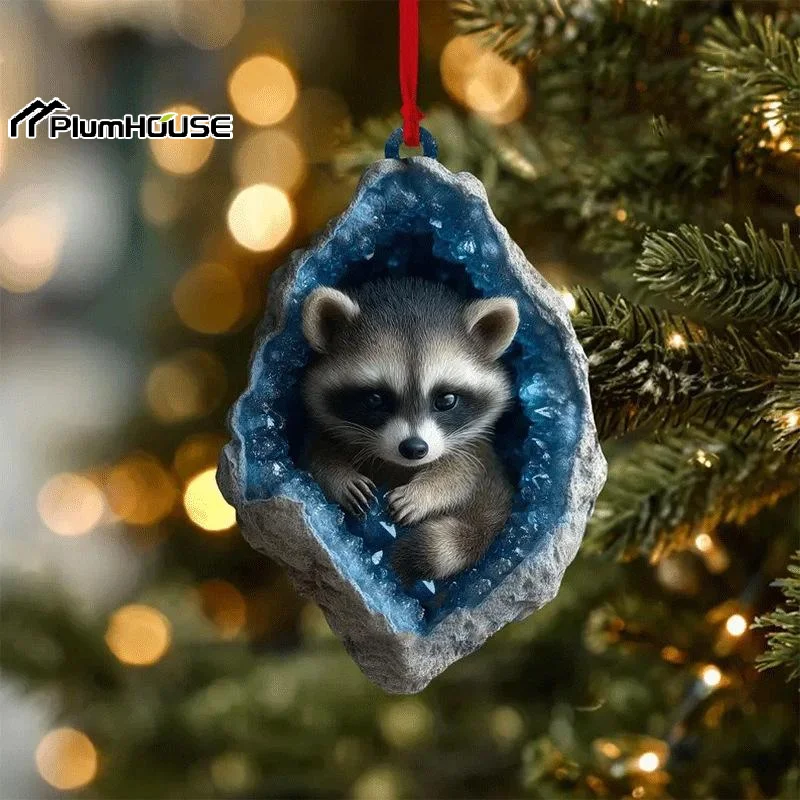 2D Flat Acrylic Cute Cartoon Animal Rabbit Owl Raccoon Pendant Christmas Tree Hanging Ornaments Home Decor