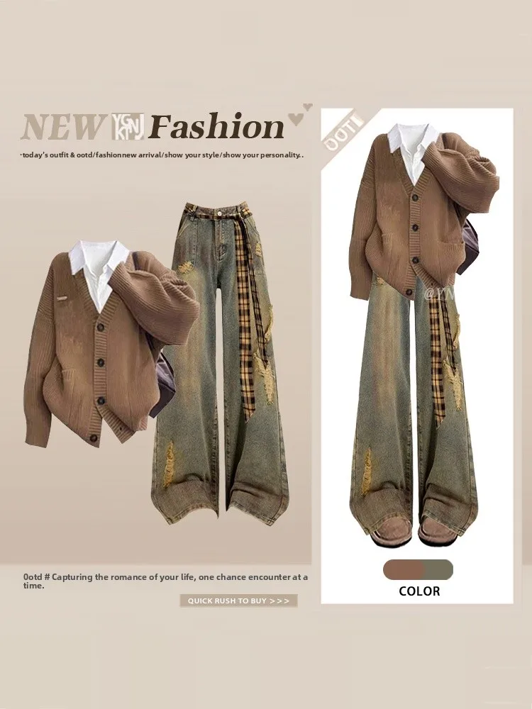 

Ретро-вязаный свитер и джинсы из денима, комплект для женщин, зимний, новый, милый, стильный, уличный, комплект из двух предметов, с высокой талией, длинный, свободный...