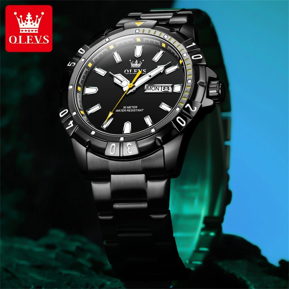 OLEVS New Luxury Stainless Steel Black Sports Quartz Watch for Men Waterproof Luminous Week Date Mens Watches Relogio Masculino