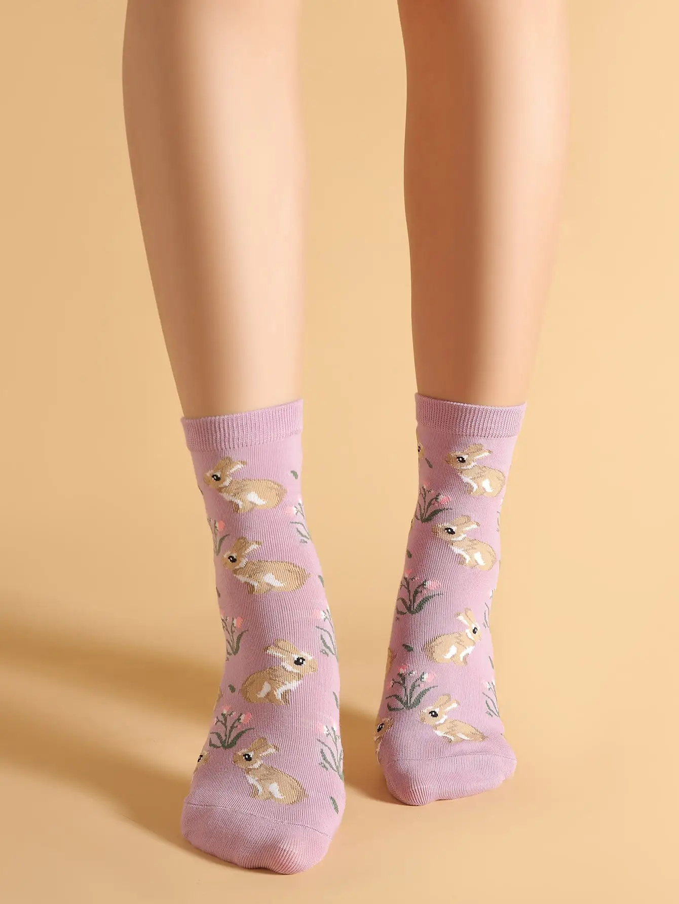5 Pairs Women Cute Rabbit Floral Print Mid‑Calf Socks Purple Soft Cotton Breathable Sweet Casual Ladies Socks