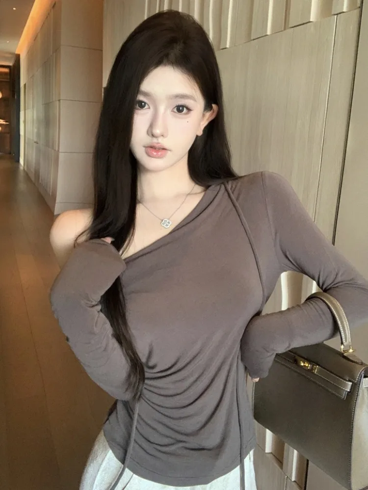 

Sexy Shoulder Bared Long Sleeve T-Shirt Women's Autumn Fashion Slimming Top Pure Desire Base Shirt Commute Style Pear Body Type