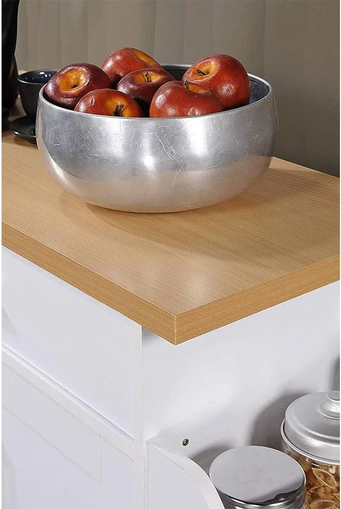 Hodedah Kitchen Island avec Spice T1, Serviette T1 et MEL, Blanc avec dessus en hêtre, 15.5x35.5-44.9x35.2 pouces