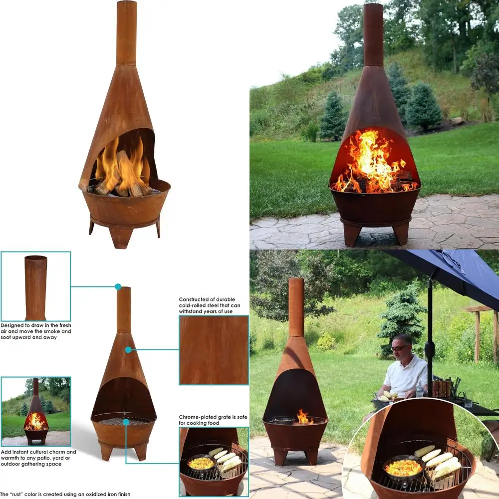 

Большой 6-футовый уличный камин для дымония — костра для костра с деревянной решеткой в деревенском стиле