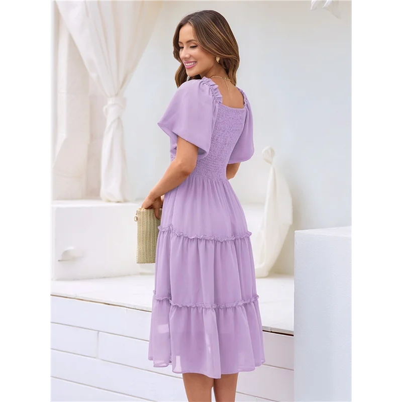 CYL-Women's Summer Casual Flutter Sleeve Square Neck Smocked Midi Dress
