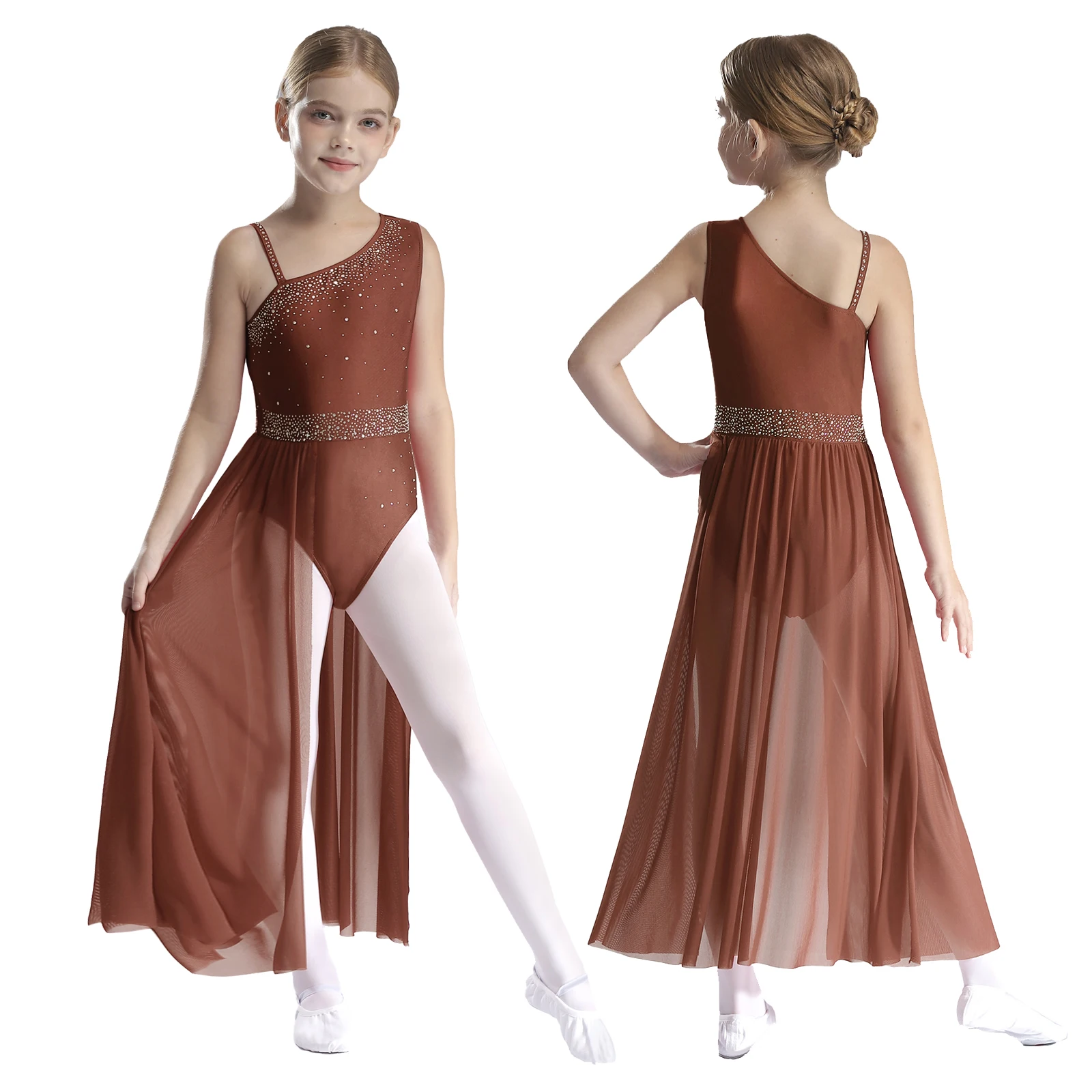 

Girls Fancy Ballet Dress Lyrical Modern Dance Dress Gymnastics Performance Costume Sleeveless Rhinestones Mesh Skirted Leotard