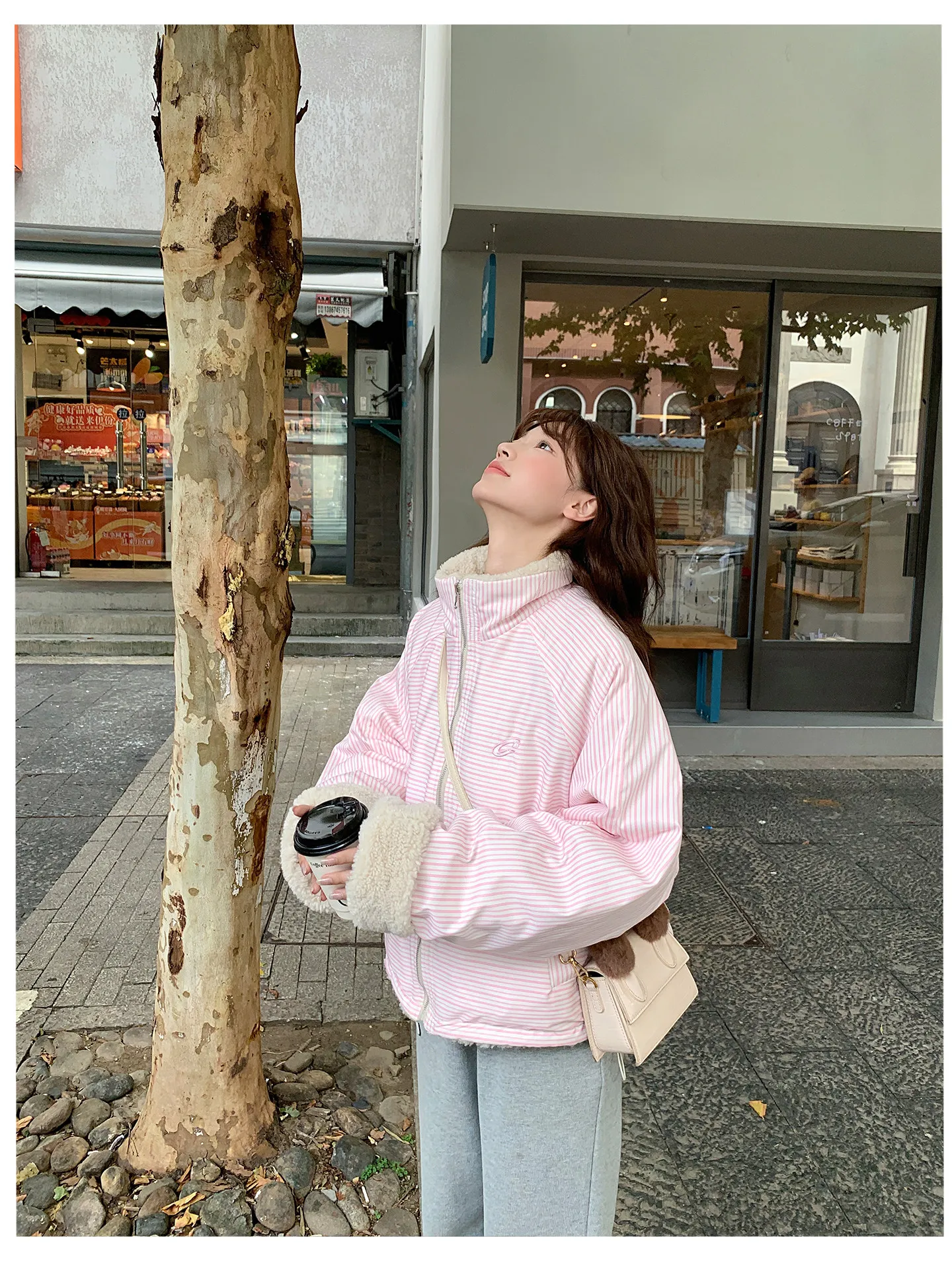 Korean Women's Reversible Striped Jacket Autumn Winter Stand Collar Fleece Lined Padded Coats Woman Loose Casual Plush Jackets