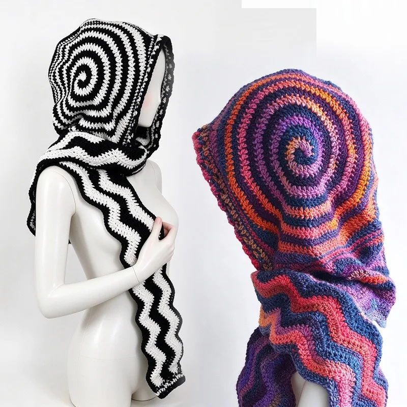 Handmade Striped Colorful Balaclava Hat Women Winter Custom Crochet Plush Knit Scarf Men Warm Boho Casual Outdoor Skullies Caps