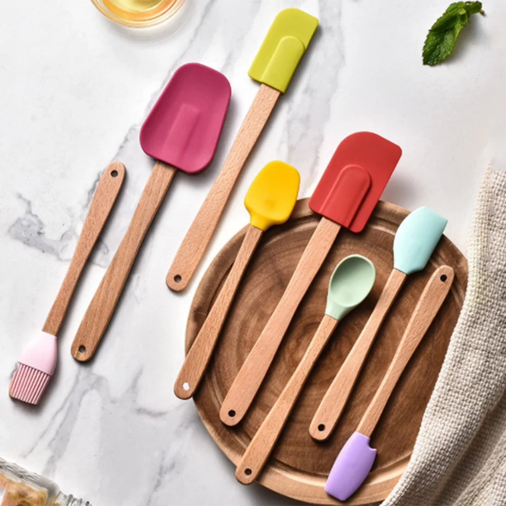 

5/8Pcs Silicone Spatula Mini Spatulas Scrapers with Bamboo Handle for Cooking Baking Nonstick Cookware Kitchen Utensils Set