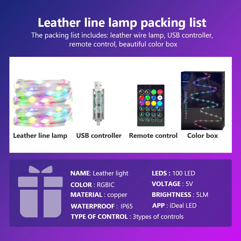 LED Multicolor Fairy String Lights, 20m 200leds 5V  Addressable  Waterproof Curtain Lights, Christmas Lights Remote & Bluetooth