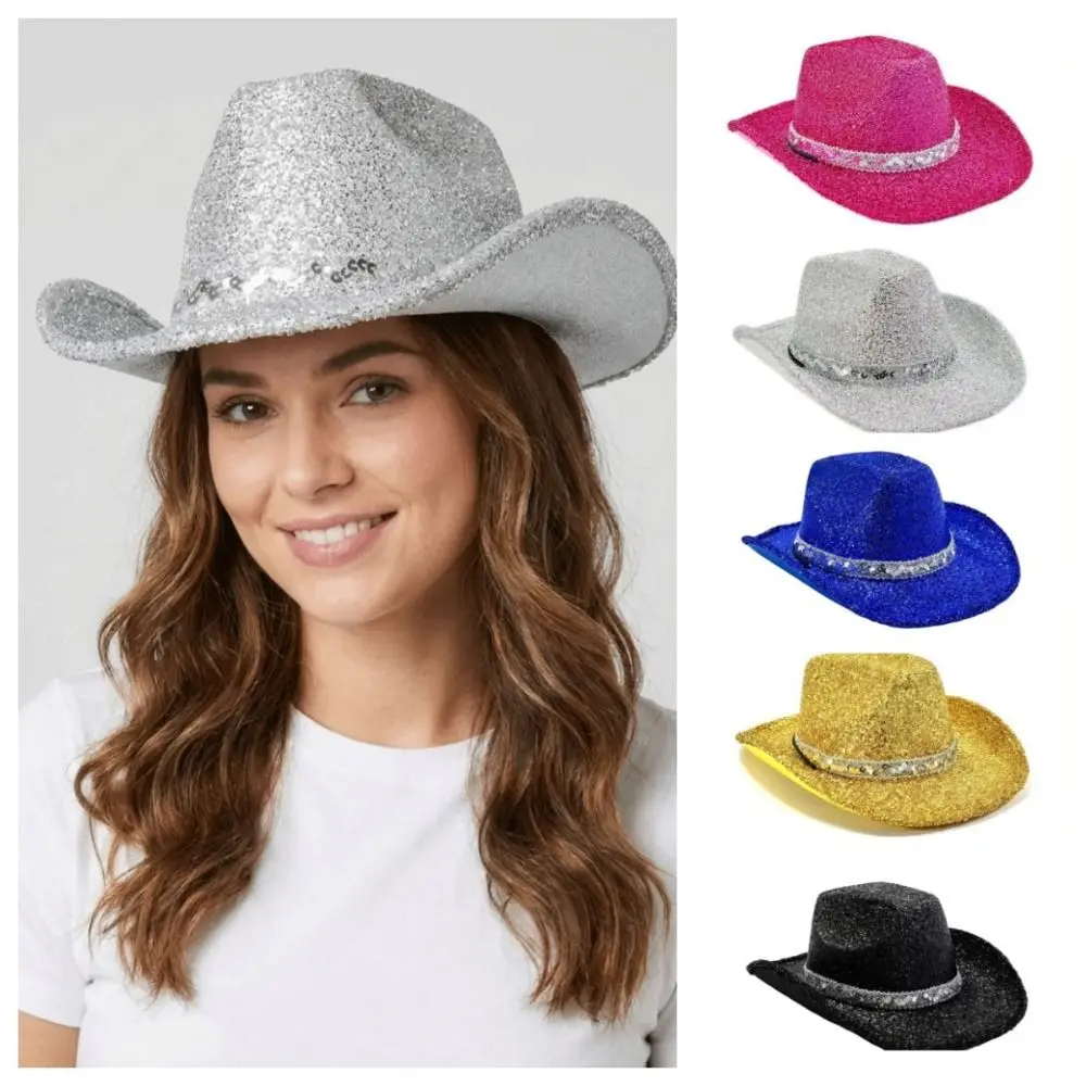 Cool Sequin Bowler Hat Shimmering Adjustable Western Cowboy Hat Jazz Hat Glitter Cowgirl Hat Halloween Party