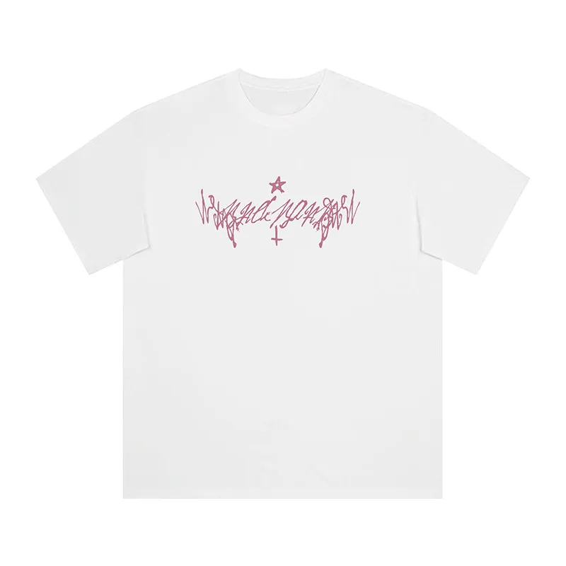 Men's Gothic Graffiti Graphic T-Shirt with Pink Star & Cross Print 2026 Summer Cotton Oversized Streetwear Tee for Alt Fans - view 2