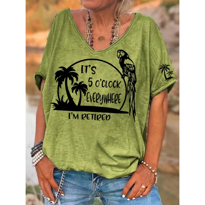 ilstile Women's Parrot Letter Print T-Shirts  Summer Music Featival Short Sleeve Casual Loose V Neck Tops Green Tees New Arrival