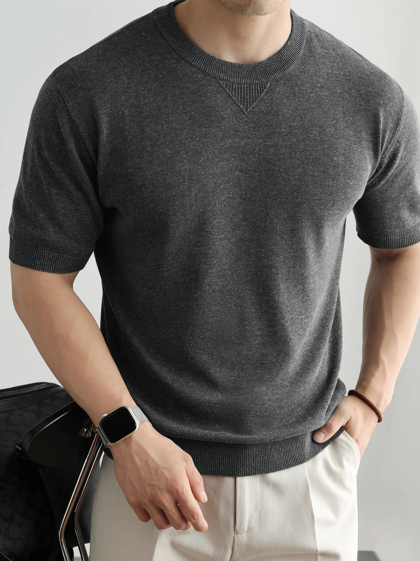 Machine Washable 14 Needle Mélange Knitted Short Sleeve T-Shirt Men Summer Casual Business Breathable Cool Feeling Short T