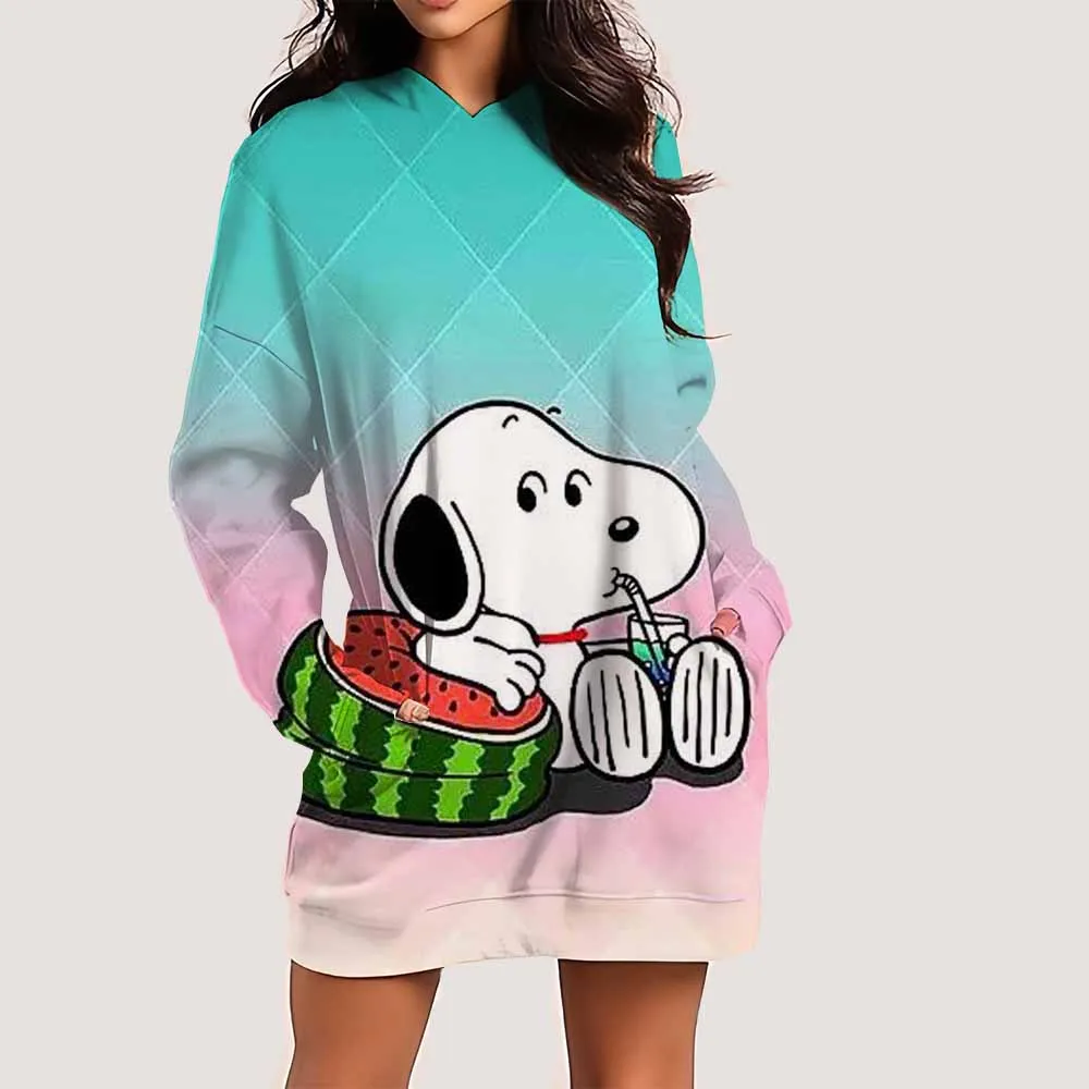 スヌーピープリントレディースドレスファッション膝丈フード付きフロックOネックラインスポーツ秋デイリーカジュアルスカート ﻿