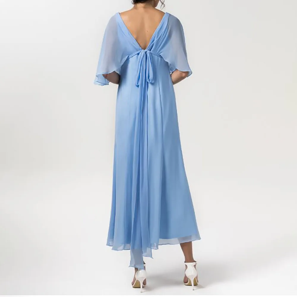 

A-Line Chiffon V Neck Ruffle Half Sleeves V Open Back Tea Length Bridesmaid Dress for Wedding Party