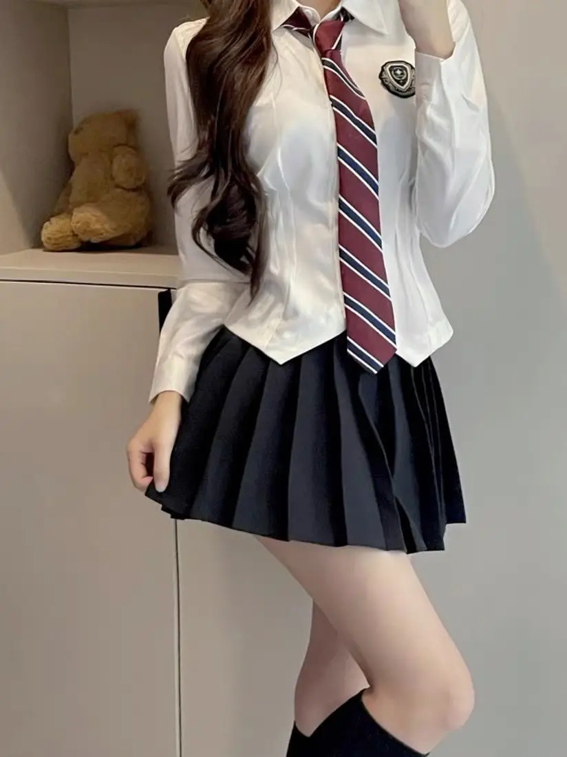 Japanse Koreaanse Stijl College Stijl Schoolkostuum Roze Tailleband Uniform Shirt Pittig Meisje Lange Mouwen Geplooide Korte Top Jk Set