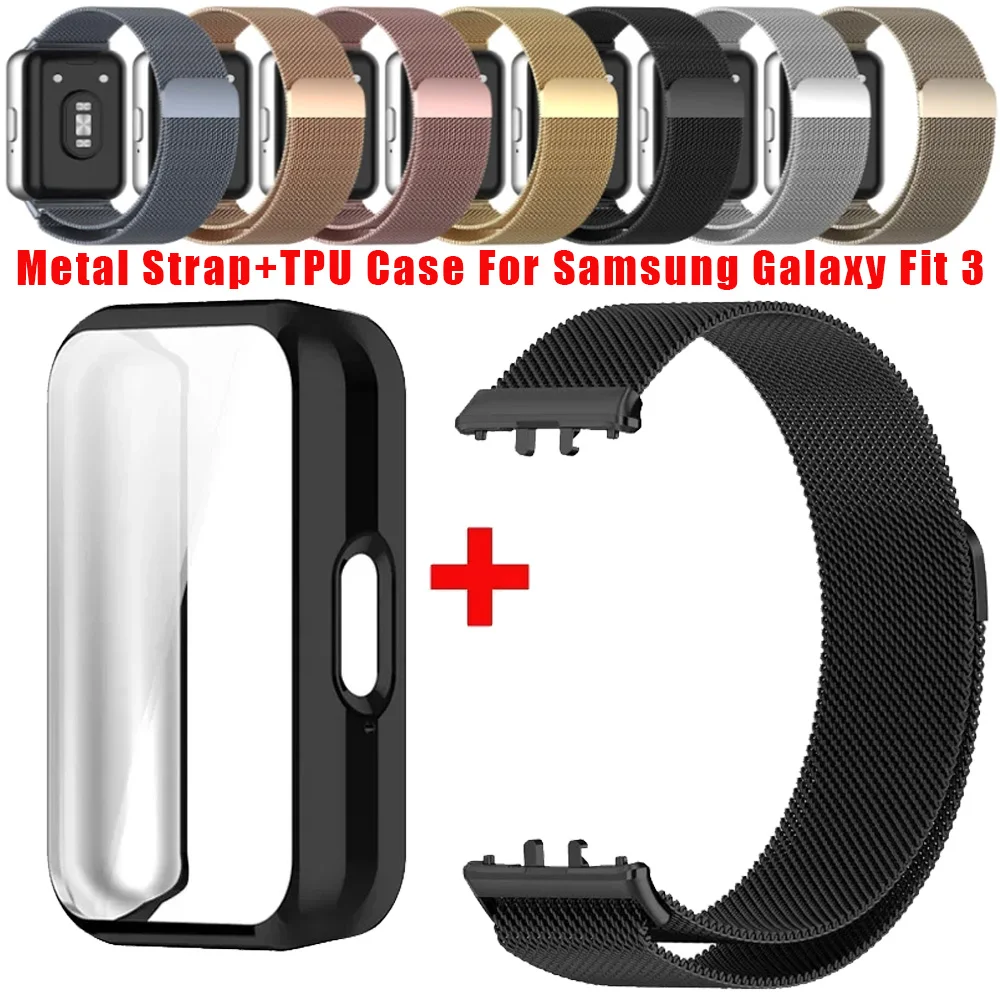 Metallarmband + TPU-Hülle für Samsung Galaxy Fit 3, Milanese-Armband mit Magnetverschluss, bequemes Handgelenksband, Schutzabdeckung für das Galaxy Fit 3-Display.