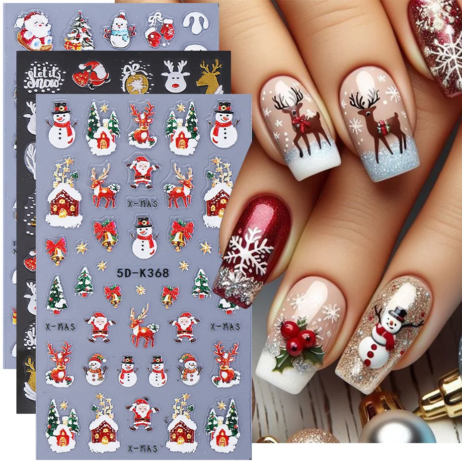 

2pcs Embossed Christmas Nail Stickers 5D Cute Snowman Elk Santa Claus Snowflakes Bell New Year Slider Nail Decals Manicure Decor