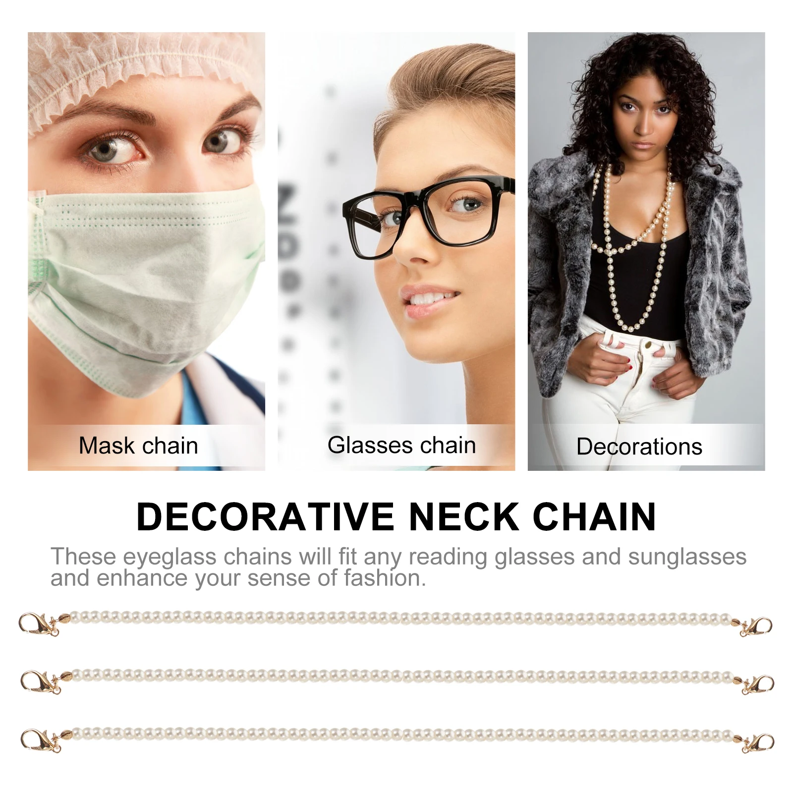 

3 pcs Chains Stylish Eyeglasses Straps Creative Artificial Pearl Chains Hanging Lanyards Fashion Decoration Necklaces