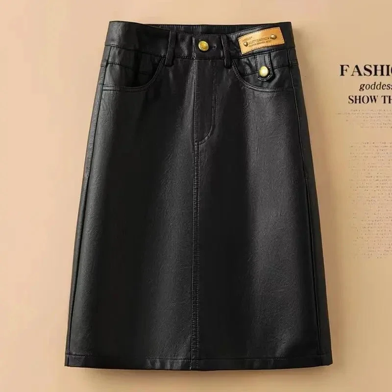 

Fashion Black Brown High Waist PU A-Line Skirts Large Size S-3XL Female Midi Skirts Spring Autumn Winter Leather Skirt Women New