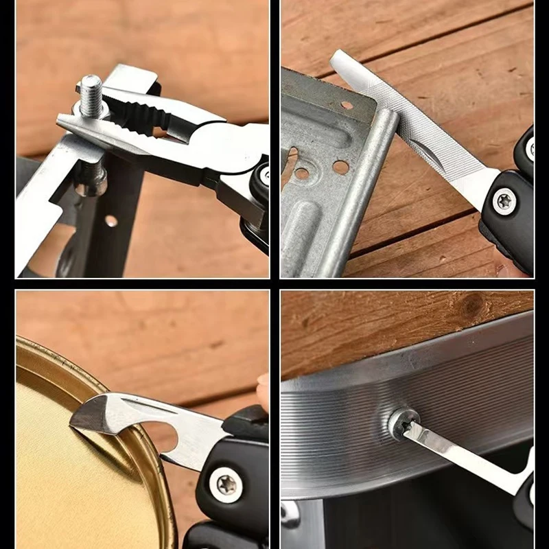 معدات التخييم في الهواء الطلق بقاء الفولاذ المقاوم للصدأ 9 في 1 المحمولة أداة متعددة ذو طيات التخييم الملحقات المحمولة