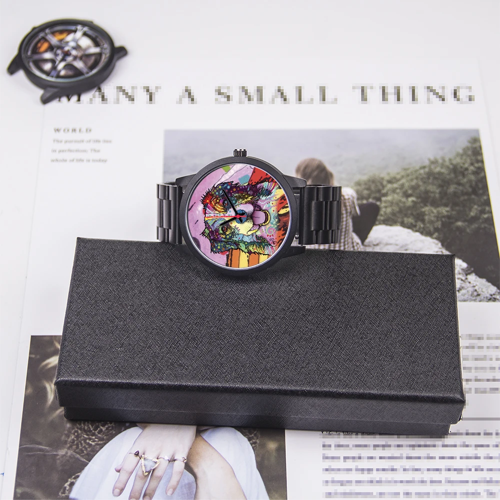 Jam Tangan Souvenir Hitam Rose Gold Custom 45/38 mm Universal untuk Pria dan Wanita, Jam Quartz Desain Anjing, Gelang Perak, Hadiah Jam