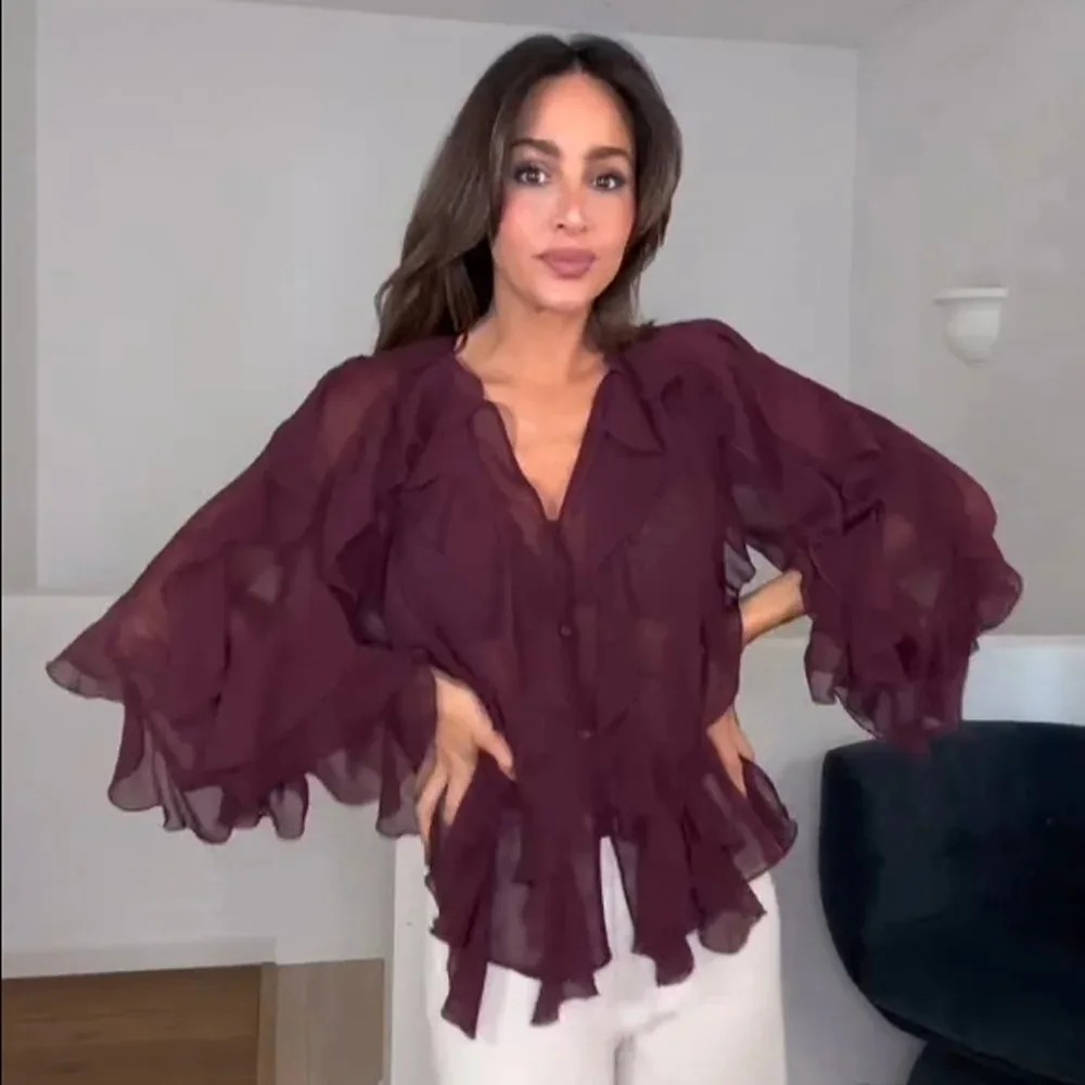 KONDALA 2023 Lente Zomer Sexy Dunne Effen Vrouwen Shirts Fashion Casual Tiered Sheer Raglanmouwen Single Breasted Dames Shirts