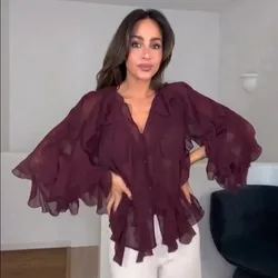 KONDALA 2026 Spring Summer Sexy Thin Solid Women Shirts Fashion Casual Tiered Sheer Raglan Sleeve Single Breasted Ladies Shirts