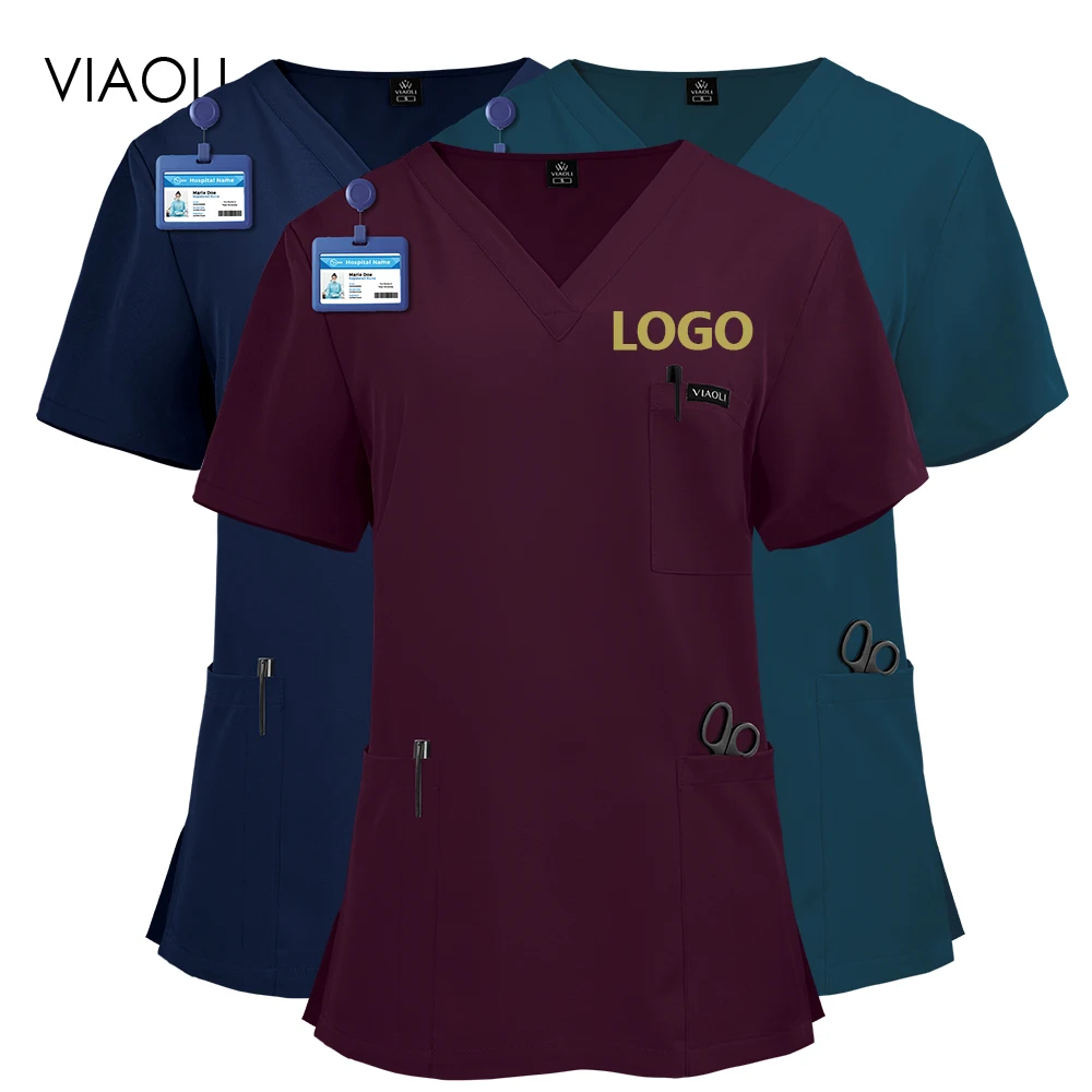 Uniformes médicos femininos esfrega superior blusa cirúrgica hospitalar camisa de manga curta acessórios de enfermagem roupas médicos uniforme de dent