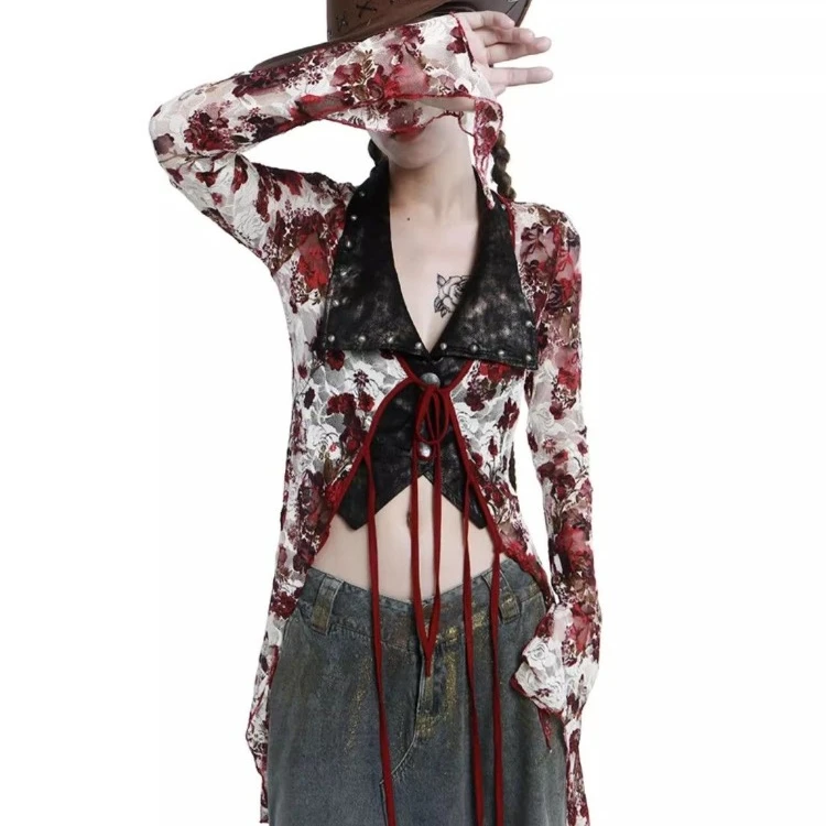Vintage Gothic Flower Tie Dye Lace Shirts Women Y2k Sexy V-neck Slim Fit Up Blouses 2024 New Long Sleeve Cardigan Tops