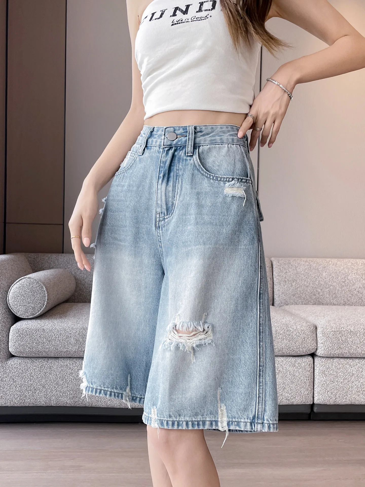 FINEWORDS Vintage Light Wash High Waist Ripped Denim Bermuda Shorts Women Distressed Wide Leg Knee Length Jean Shorts Y2K
