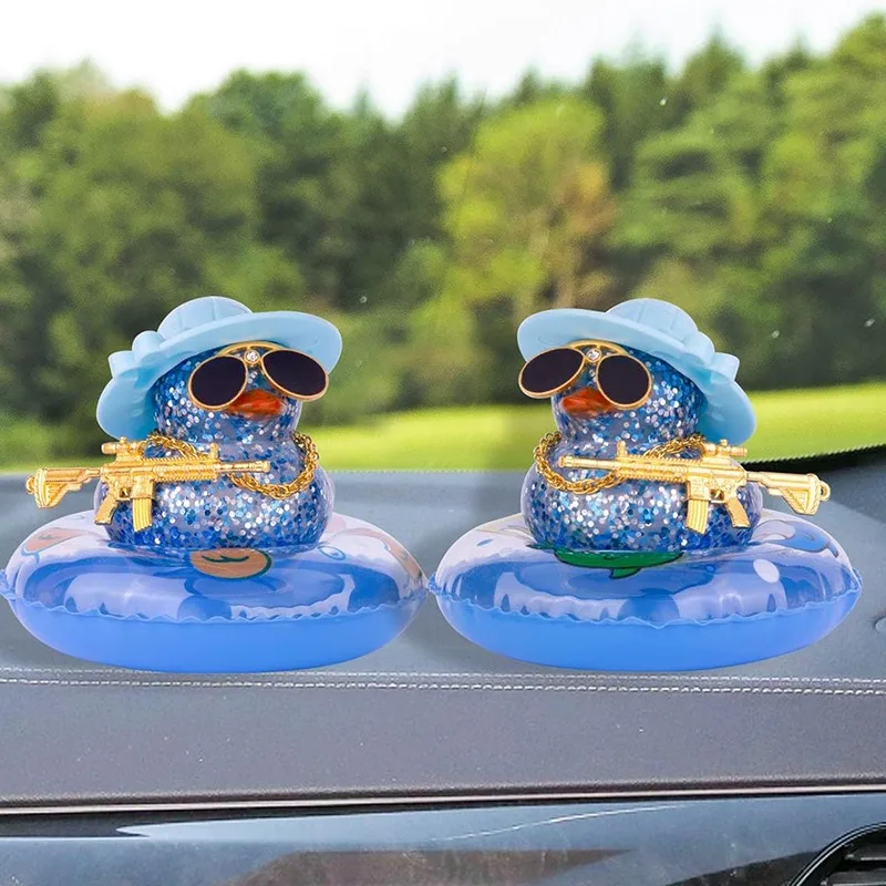 2 Pcs Car Rubber Duck Dashboard Decoration Ornaments with Necklace Sunglasses Cowboy Sun Hat Car Accessories