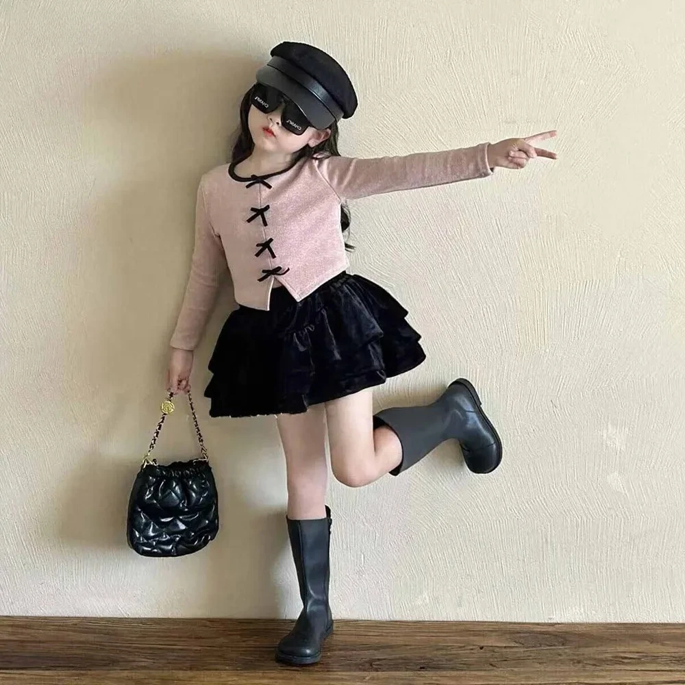Two Piece Set Spring Summer Tops+Skirt Clothes Suit Baby Girl Outfit Fall Winter Clothes Bow Knot Sweater & Plaid Pleated Skirt