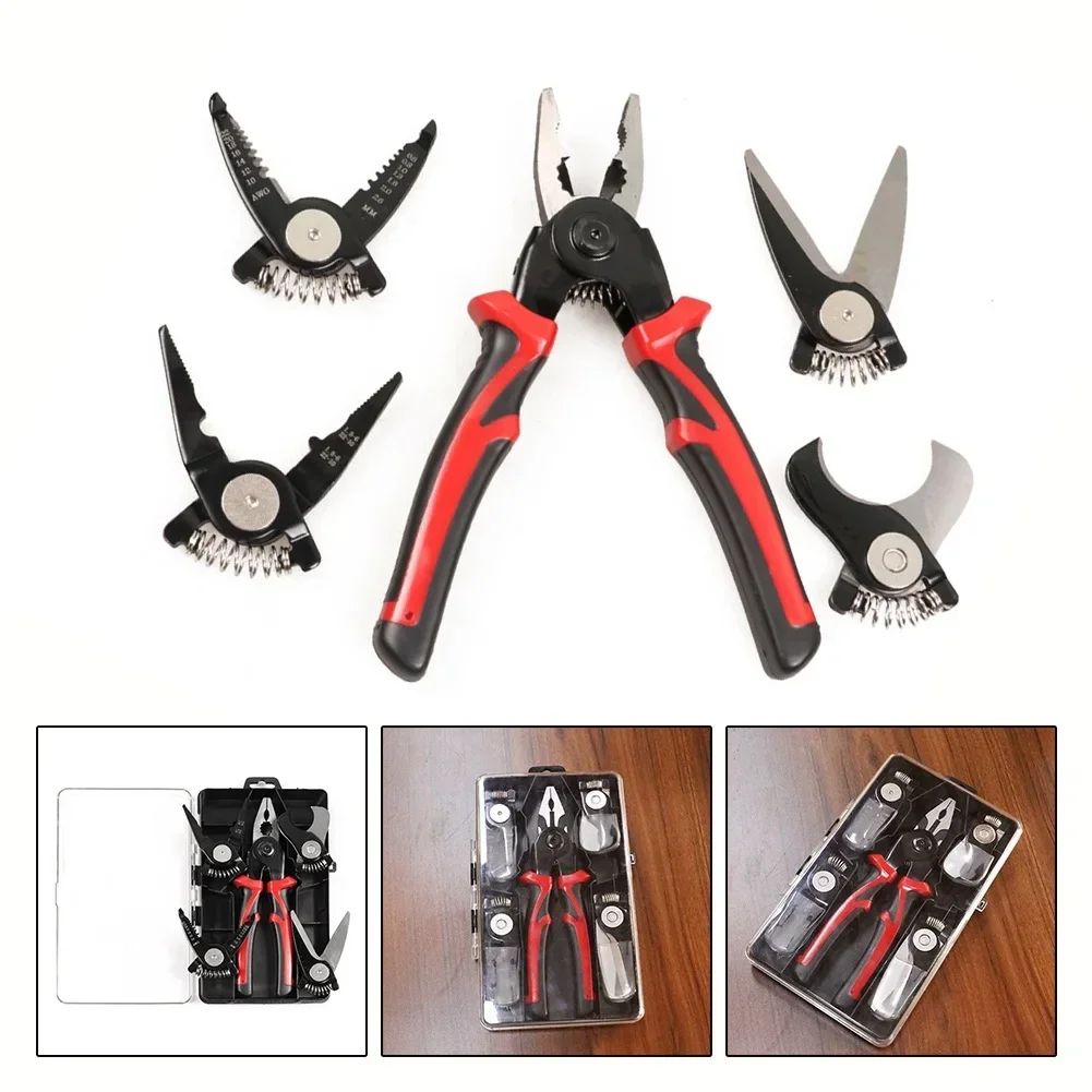 5-in-1 Multi-functional Pliers Set,Interchangeable Plier Heads Steel Wire Pliers,Wire Stripper,Cable Clamp,Crimping Pliers