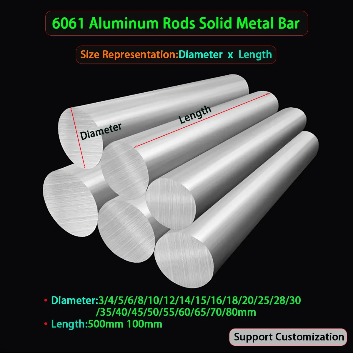 

6061 Aluminum Rods Solid Metal Bar Dia 3/4/5/6/8/10/12/14/15/16/18/20/25/28/30/35/40/45/50/55/60/65/70/80mm Length100 500mm