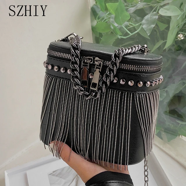 Luksusowa designerska torba cylindryczna moda damska nitowe torby na ramię z frędzlami mała torebka na telefon komórkowy Crossbody letni łańcuszek Borse