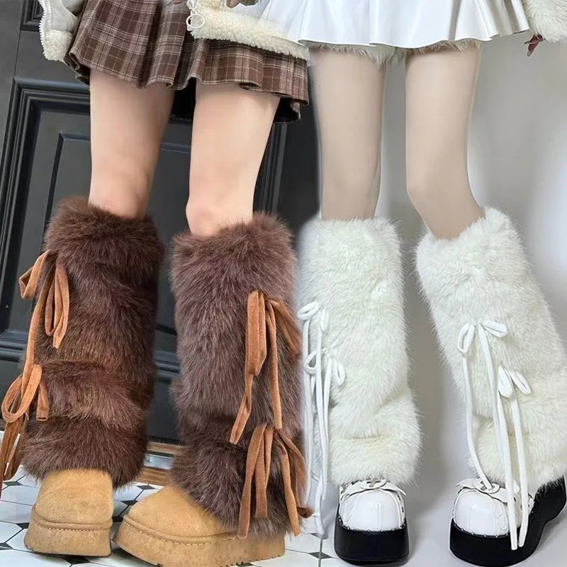 

Winter Warm Furry Plush Leg Warmers Women Ribbon Bowknot Cold-proof JK Girls Boot Cover Stockings Sweet Harajuku Soft Leg Cover