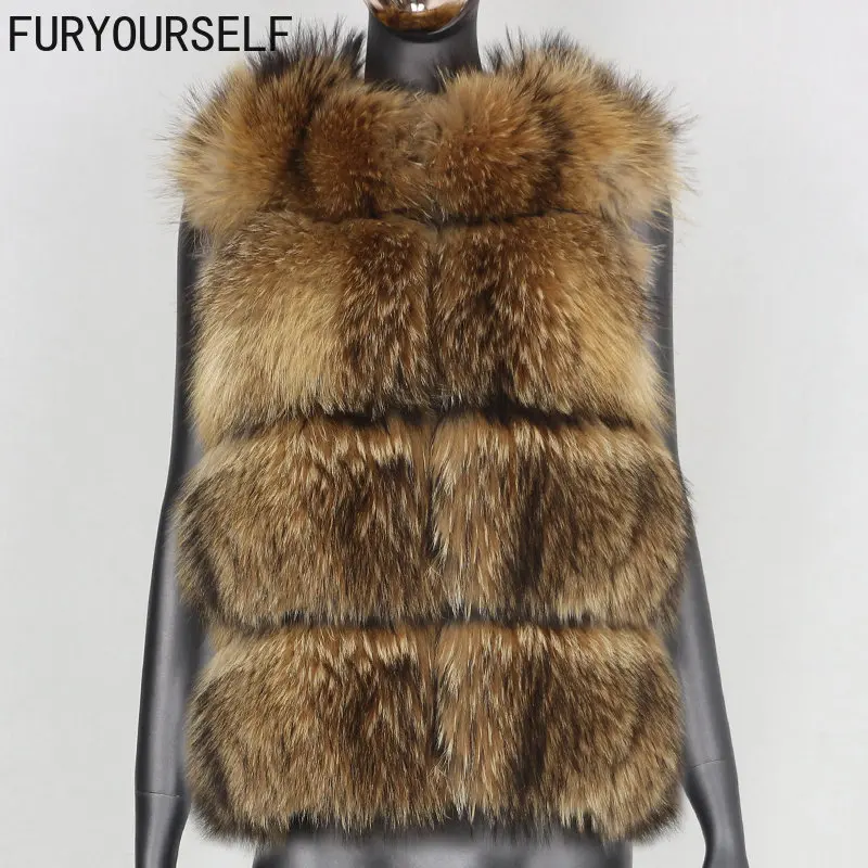 FURYOURSELF 2023 New Natural Raccoon Fur Fashion Winter Jacket Vest Women Big Fluffy Real Fur Coat Thick Warm Streetwear