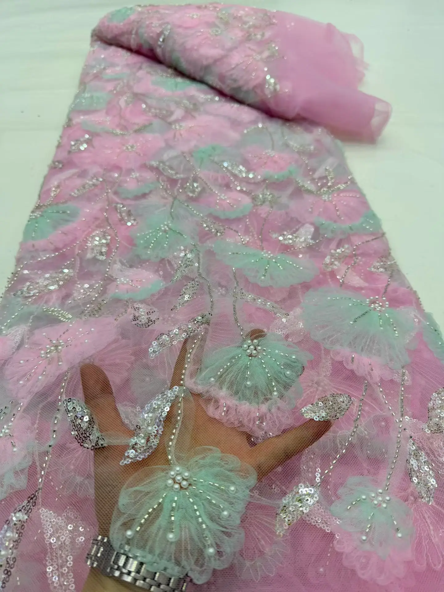 

2026 Latest African Lace Fabric High Quality,Fabrics By The Meters,Sequin,Tulle,Wedding Dresses,Embroidery,Mesh,Green,5 Yards