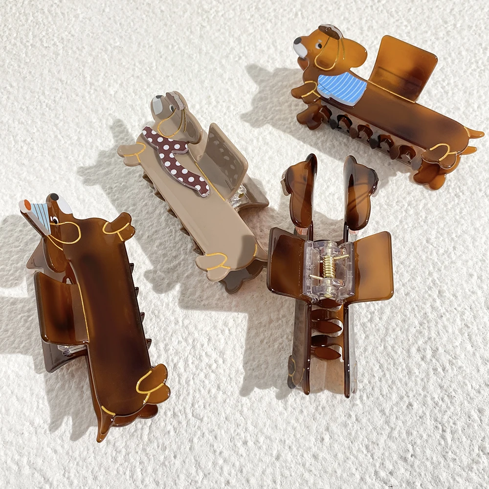 AENSOA Scarf Birthday Hat Decoration Cartoon Dachshund Claw Clip For Women Brown Color Series Acrylic Original Design Hairpin