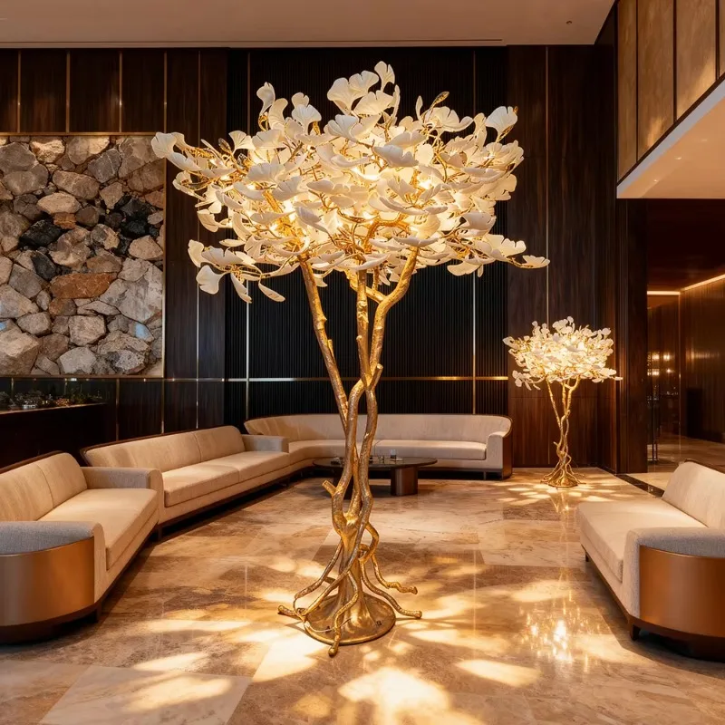 XL2 custom luxury hotel project lighting fixtures handmade golden ginkgo tree floor lamp large vertical decorative lamp